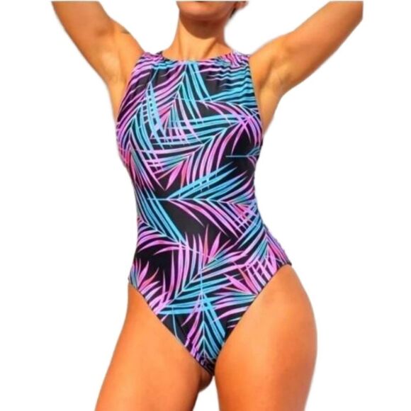 Boho leaf print Tummy Control 1pc swim suit sz L - Picture 1 of 5